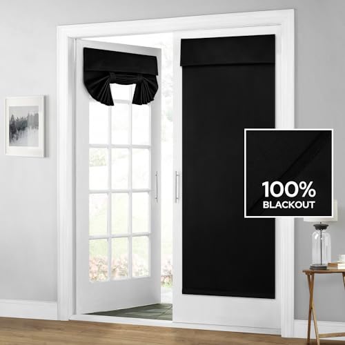 Homeideas 100% Blackout French Door Curtains, Privacy Door Curtains For Door Window, 30 X 68 Inch Room Darkening Curtains, Thermal Insulated Door Window Shades For Bedroom, (1 Panel, Black)